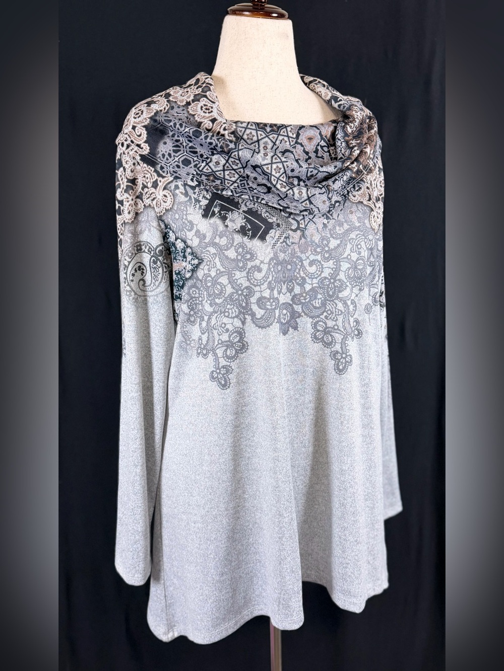 Cactus Silver Gray Lace-Print Cowl-Neck Tunic